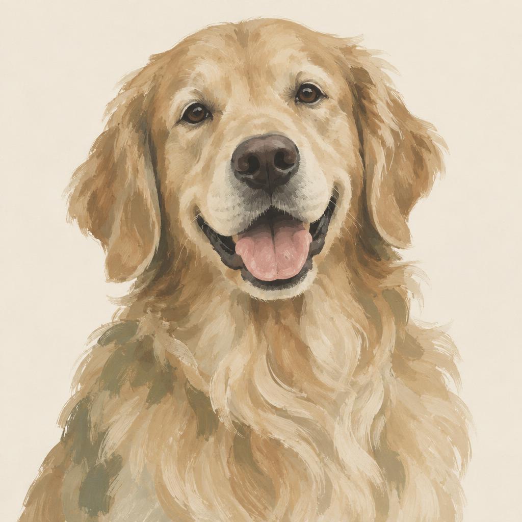 Hand-finished gouache-style portrait of a golden retriever made from a customer photo