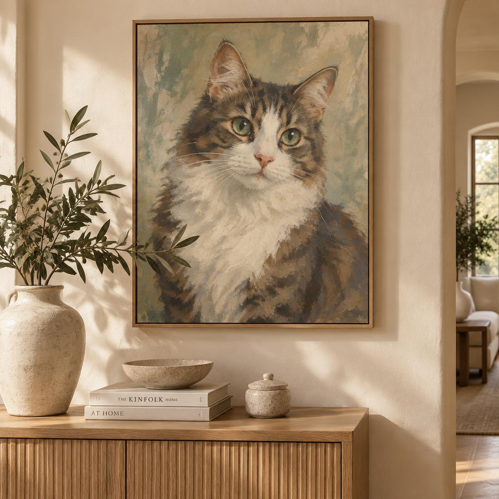 Framed canvas pet portrait of a tabby cat hanging on a cream plaster wall
