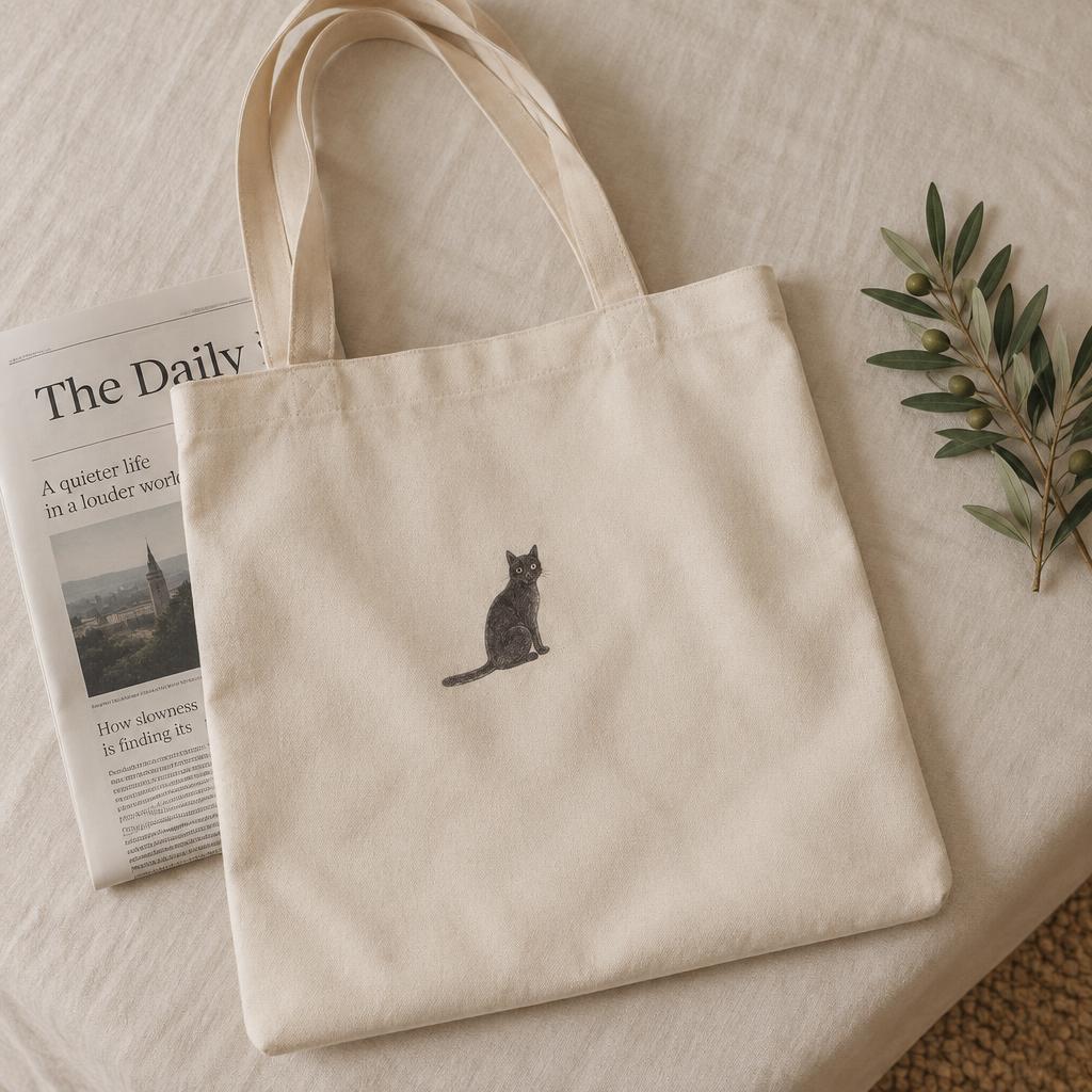 Natural canvas tote with a small cat illustration